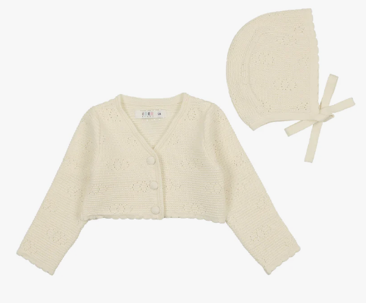 COCO BLANC SCALLOPED CARDIGAN W/BONNET(6M-3Y)